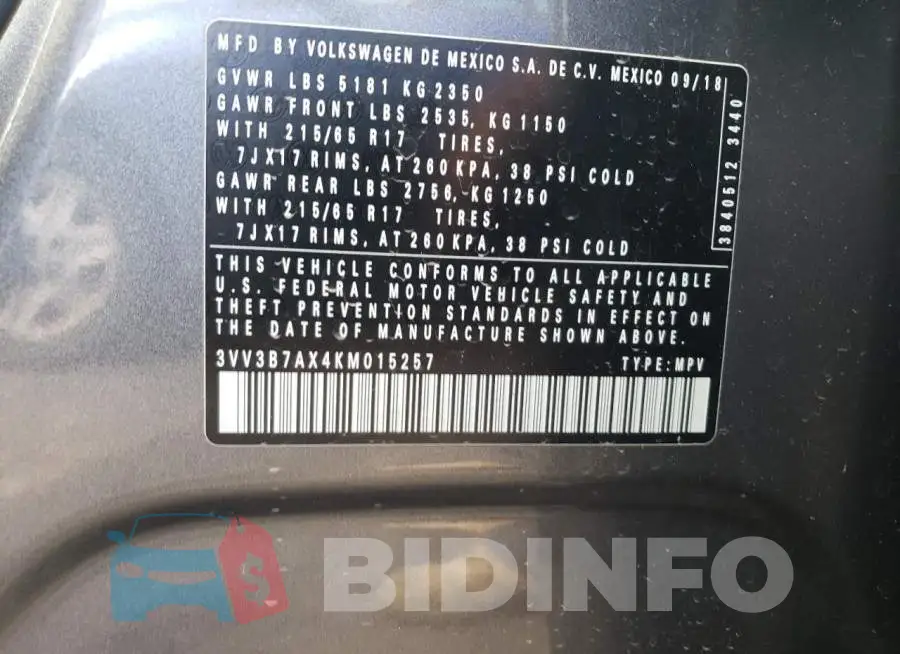 3VV3B7AX4KM015257 Photo# 13