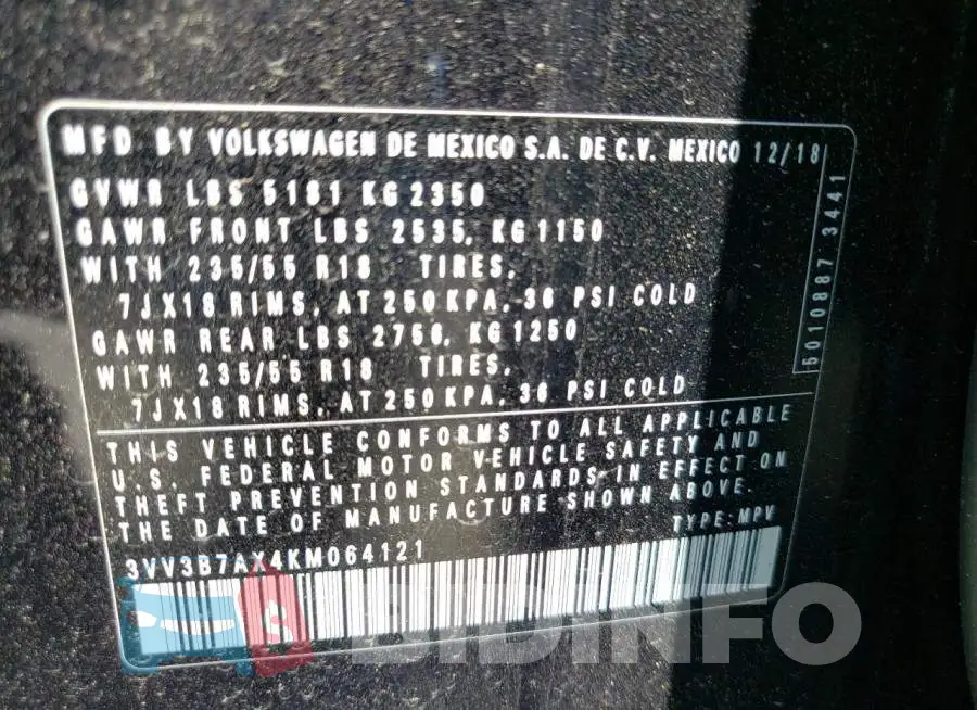 3VV3B7AX4KM064121 Photo# 12