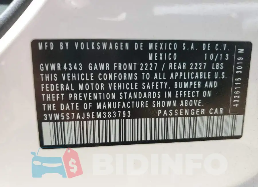 3VW5S7AJ9EM383793 Photo# 12