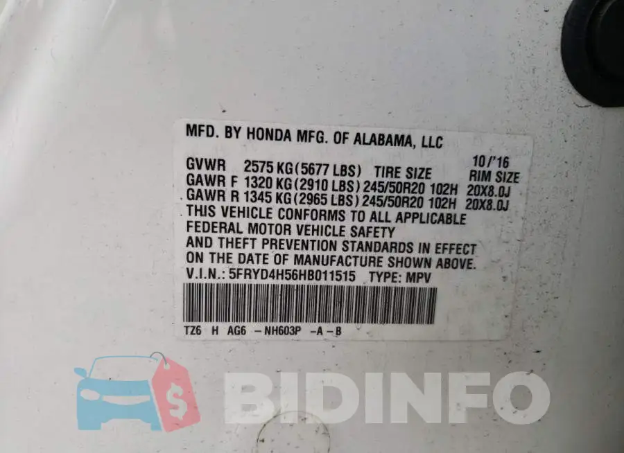 5FRYD4H56HB011515 Photo# 13