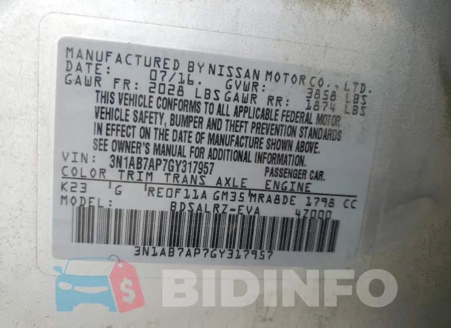 3N1AB7AP7GY317957 Photo# 12