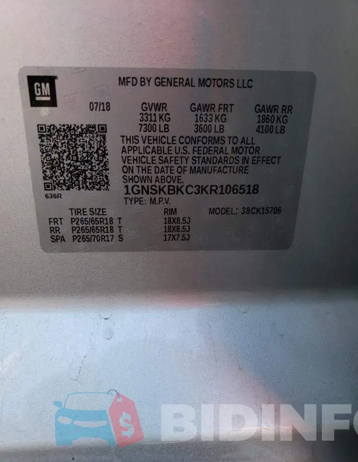 1GNSKBKC3KR106518 Photo# 12