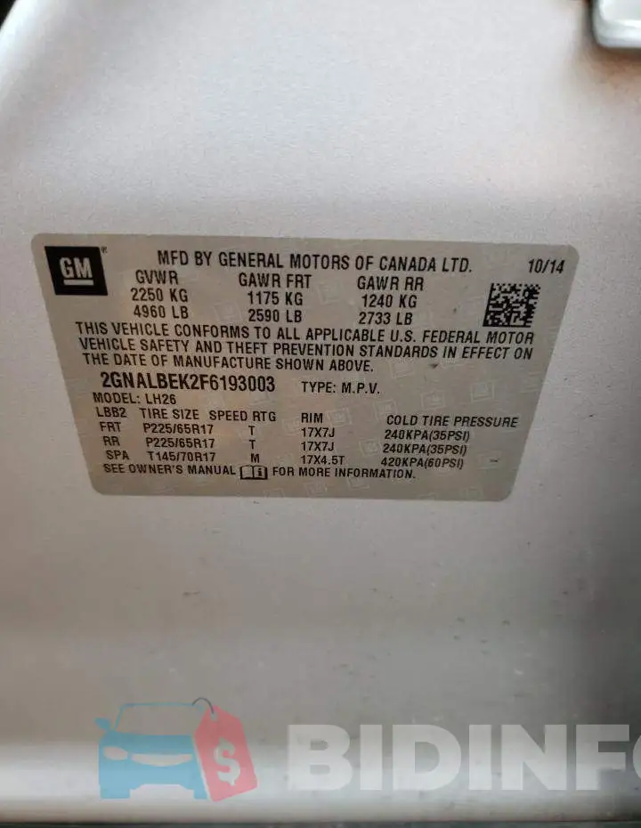 2GNALBEK2F6193003 Photo# 12