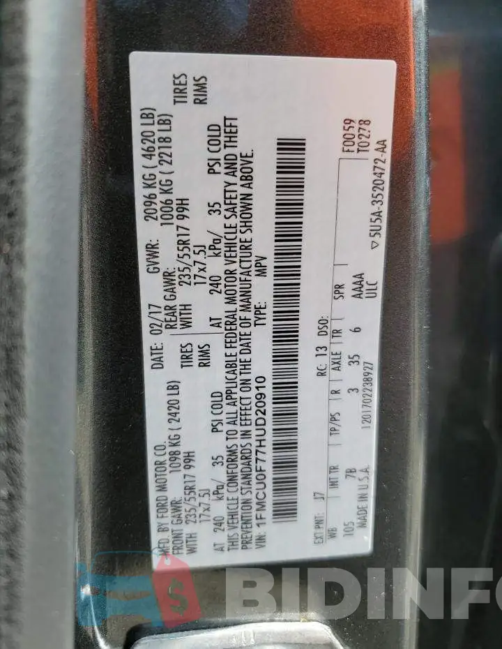 1FMCU0F77HUD20910 Photo# 13