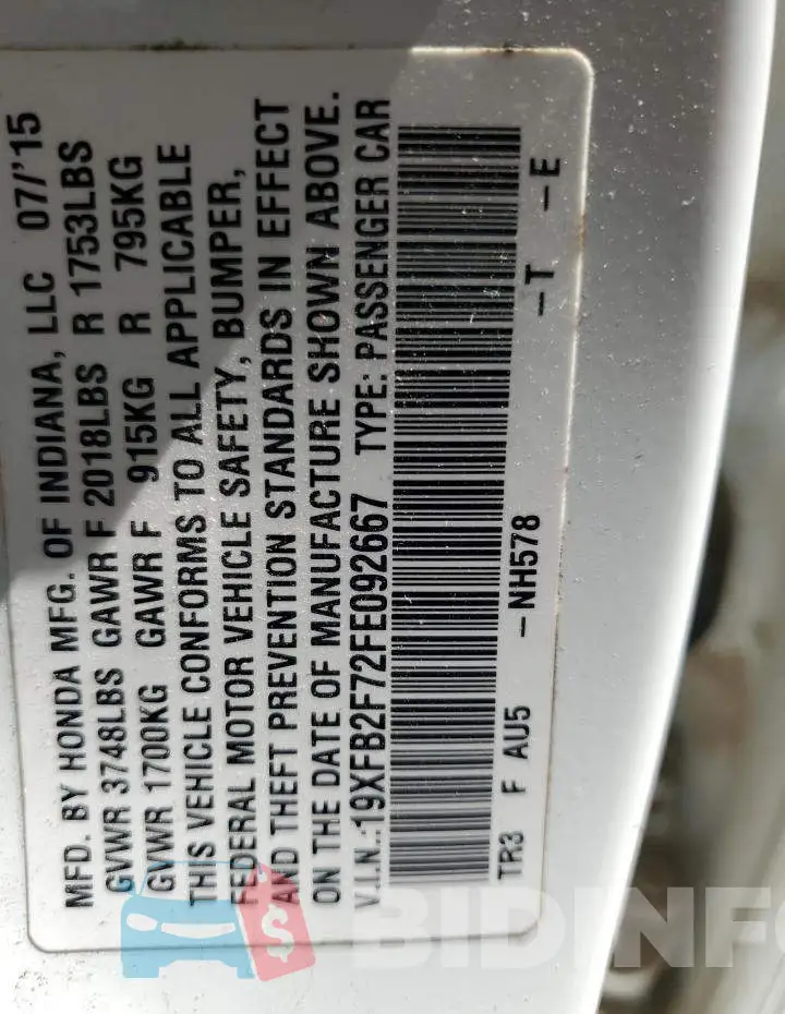 19XFB2F72FE092667 Photo# 12