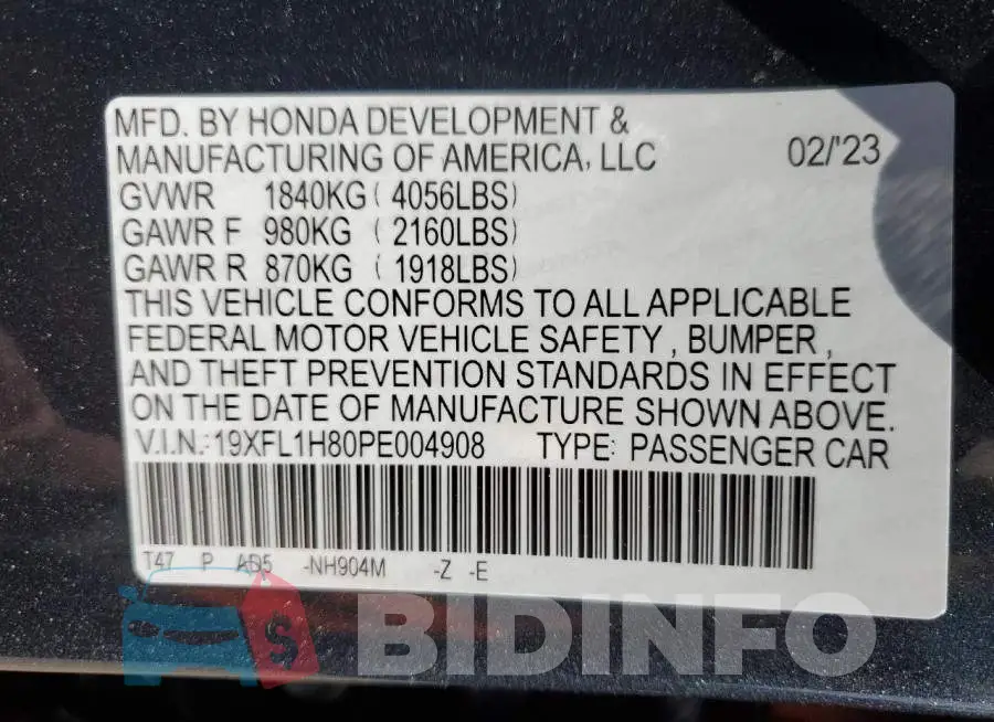 19XFL1H80PE004908 Photo# 12