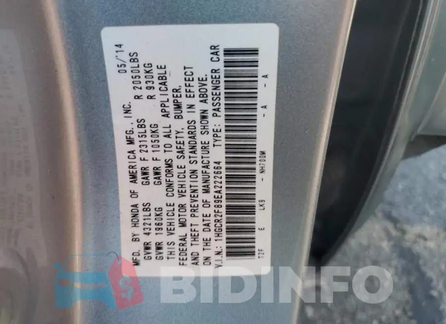 1HGCR2F89EA222664 Photo# 13