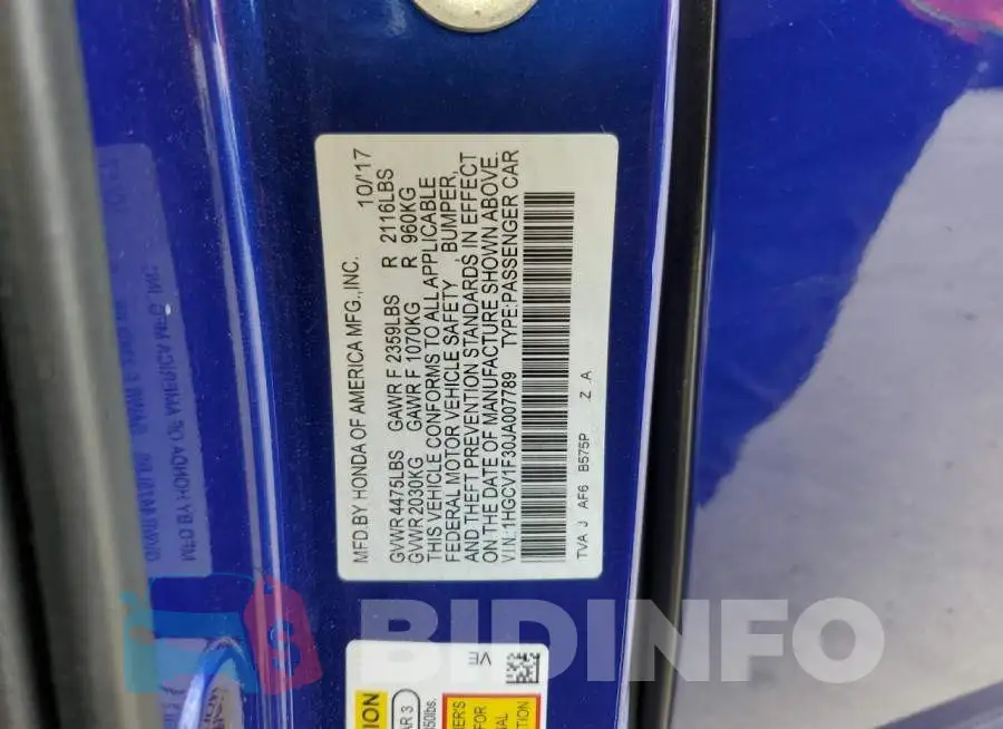 1HGCV1F30JA007789 Photo# 13