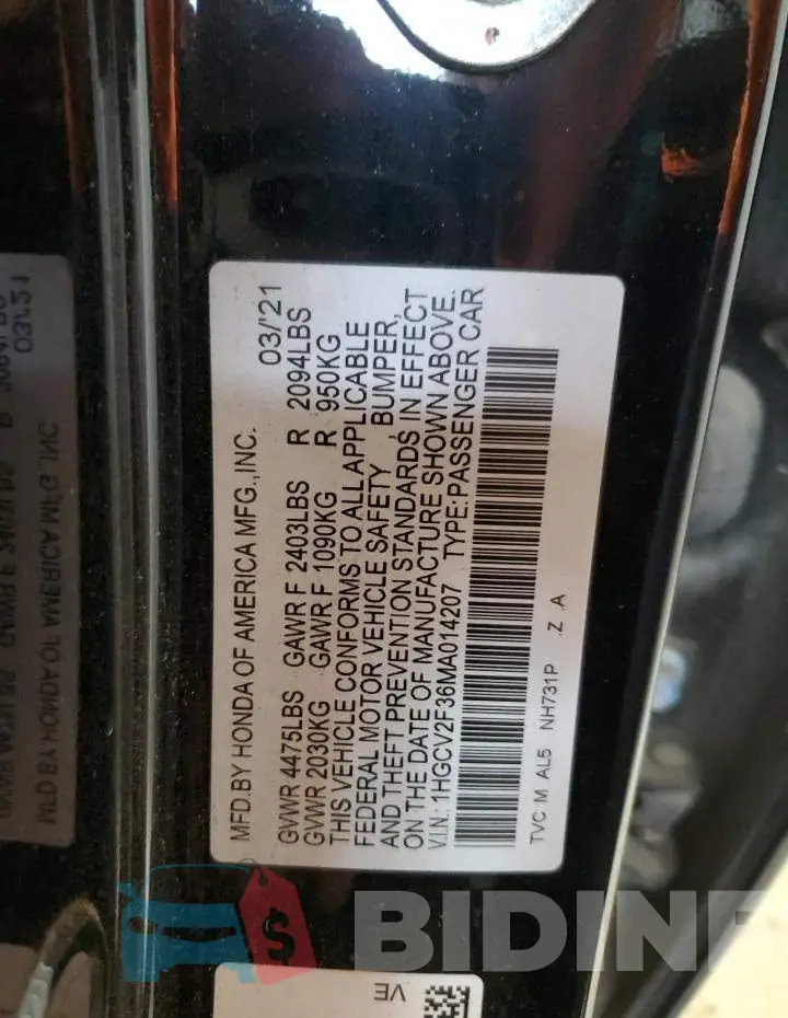 1HGCV2F36MA014207 Photo# 13