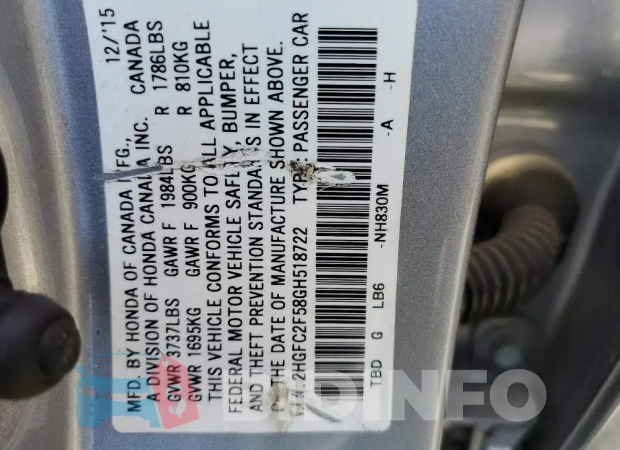 2HGFC2F58GH518722 Photo# 12