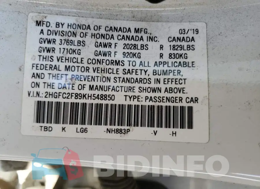 2HGFC2F89KH548850 Photo# 12