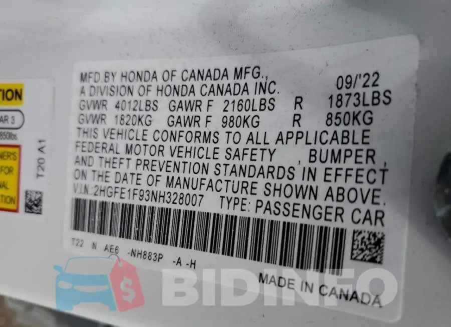 2HGFE1F93NH328007 Photo# 12