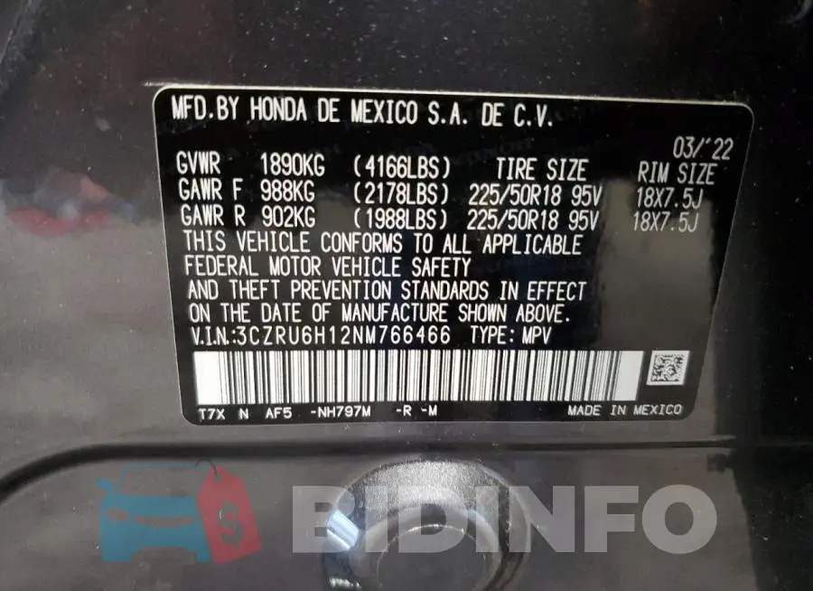 3CZRU6H12NM766466 Photo# 12