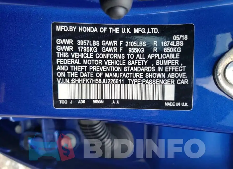 SHHFK7H58JU226611 Photo# 12