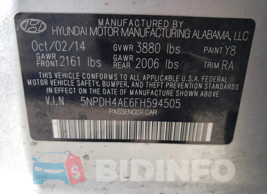 5NPDH4AE6FH594505 Photo# 12