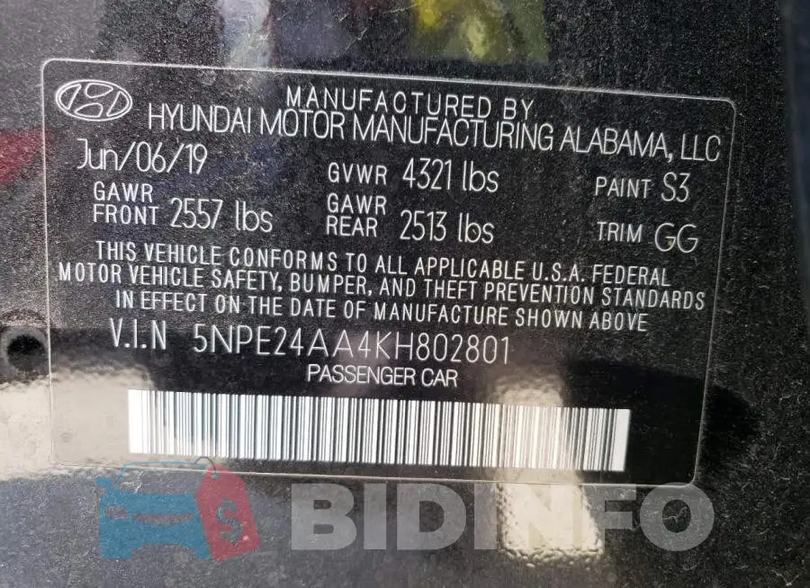 5NPE24AA4KH802801 Photo# 12