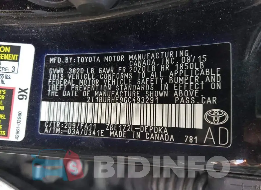2T1BURHE9GC493291 Photo# 12