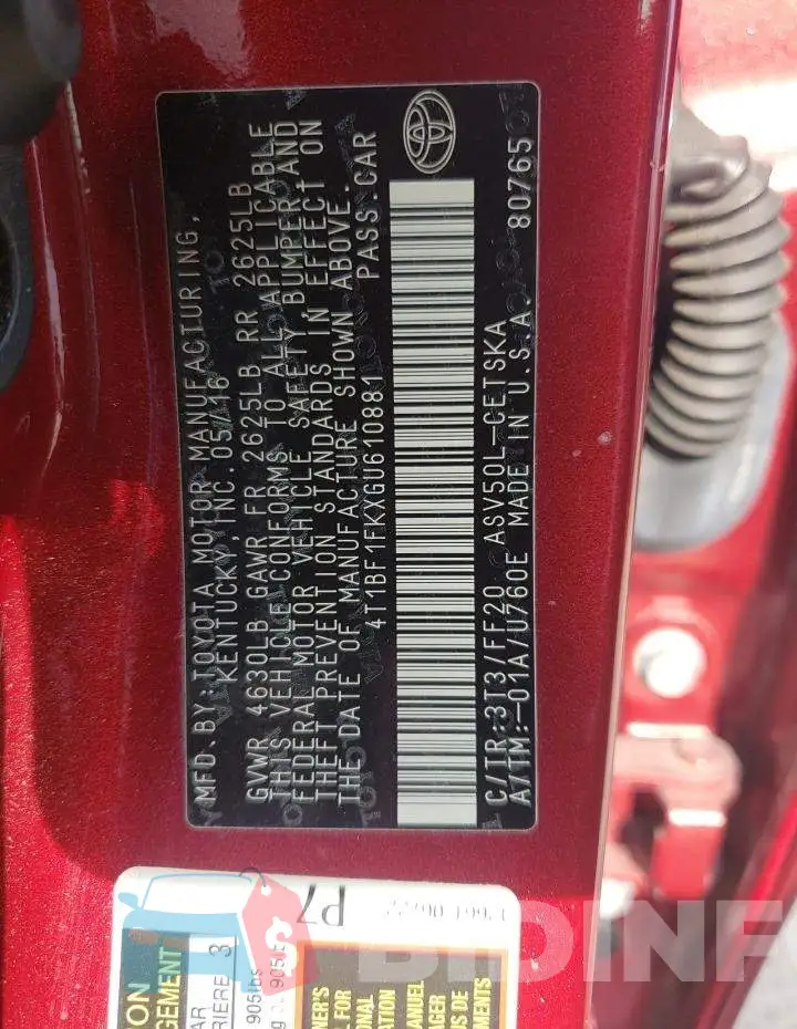 4T1BF1FKXGU610881 Photo# 12
