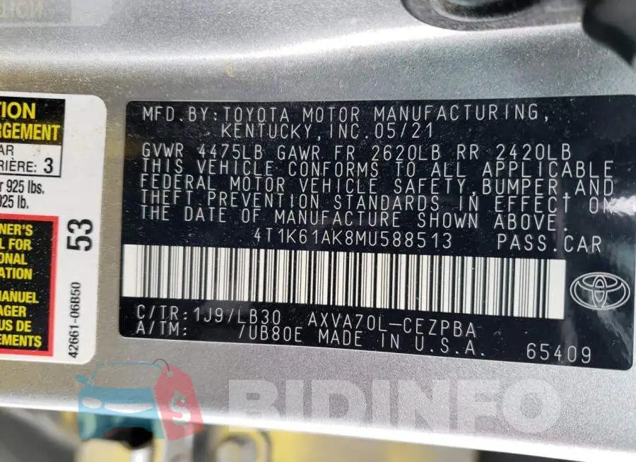 4T1K61AK8MU588513 Photo# 12