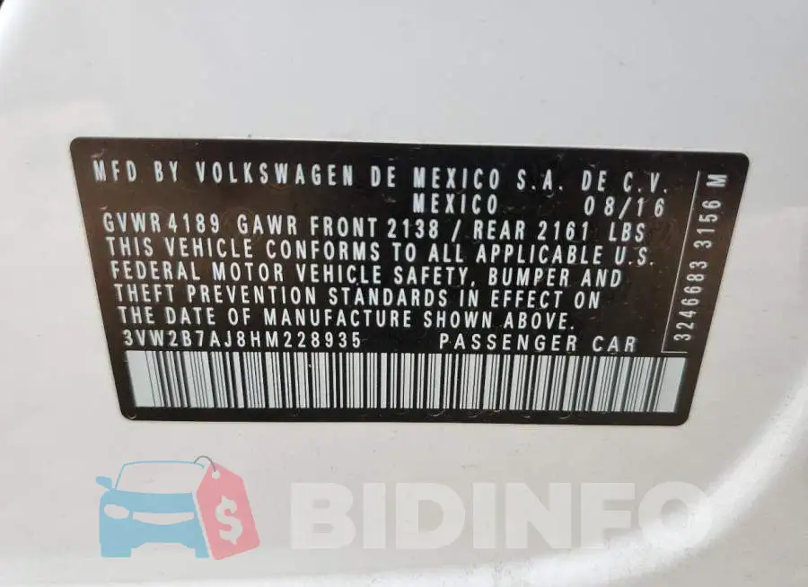 3VW2B7AJ8HM228935 Photo# 12