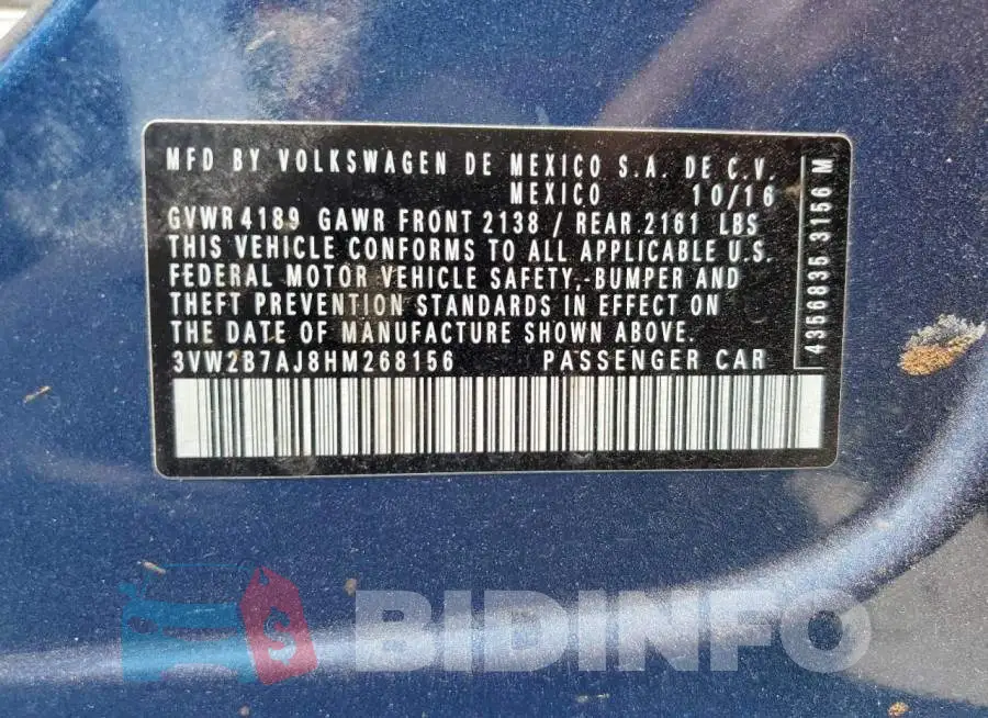3VW2B7AJ8HM268156 Photo# 12