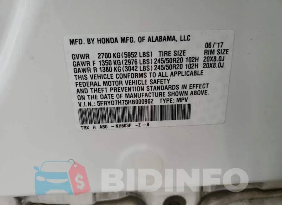 5FRYD7H75HB000962 Photo# 13