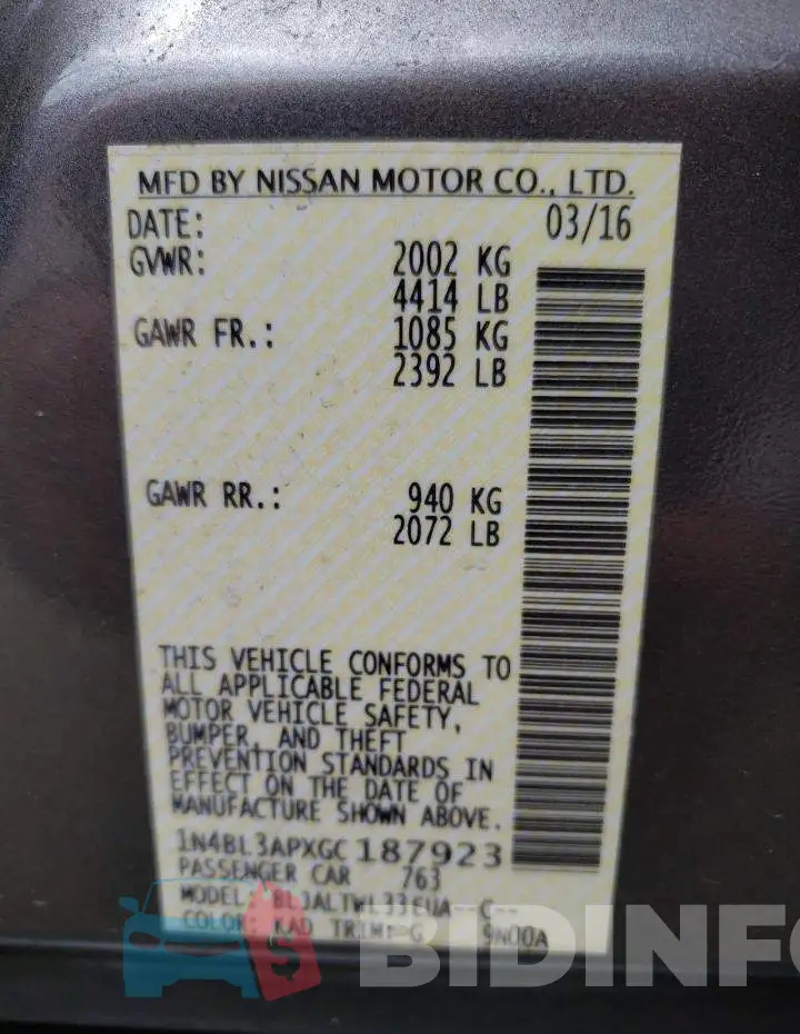 1N4BL3APXGC187923 Photo# 12