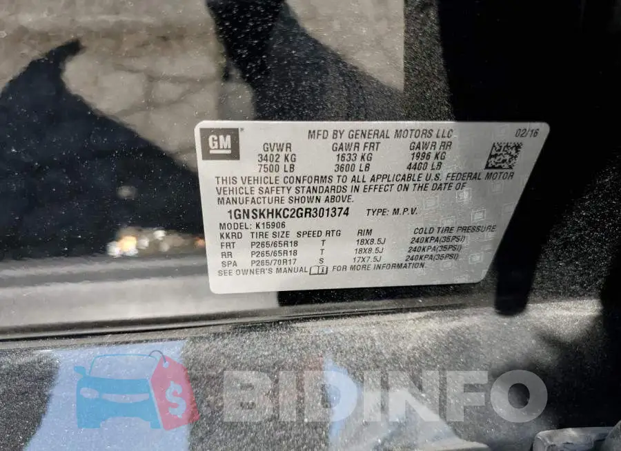 1GNSKHKC2GR301374 Photo# 13