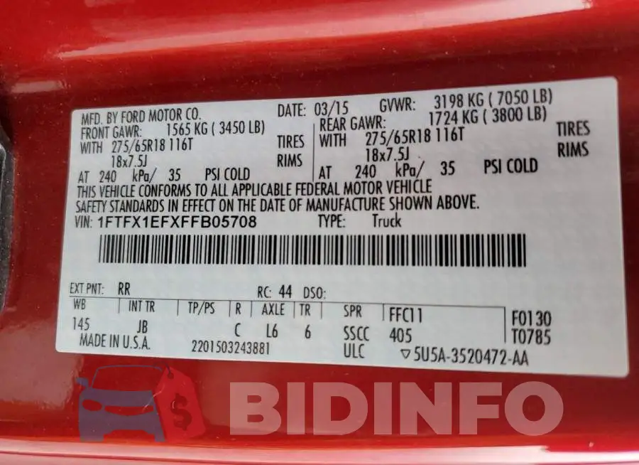 1FTFX1EFXFFB05708 Photo# 10