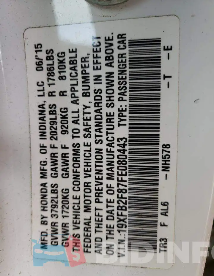 19XFB2F87FE080443 Photo# 12