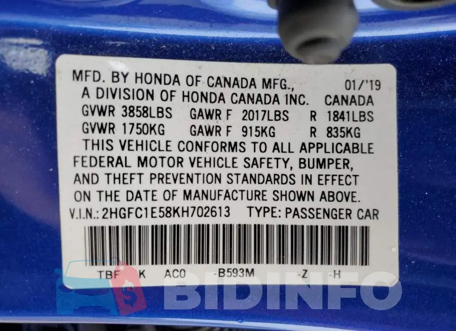 2HGFC1E58KH702613 Photo# 12