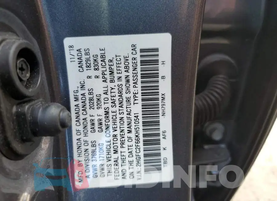 2HGFC2F66KH510541 Photo# 12