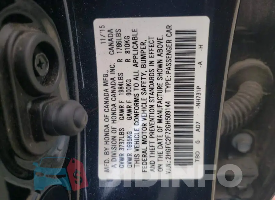 2HGFC2F72GH509144 Photo# 12