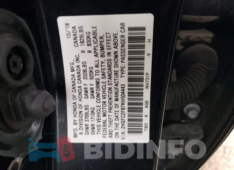 2HGFC2F87KH504443 Photo# 13
