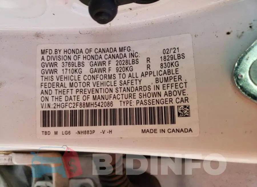 2HGFC2F88MH542086 Photo# 12