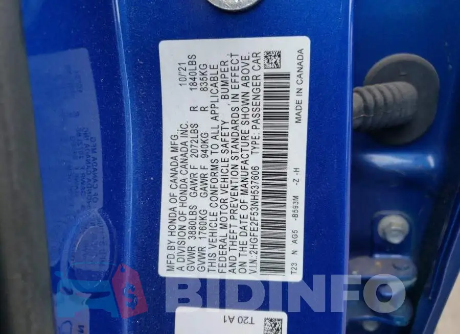 2HGFE2F53NH537606 Photo# 12