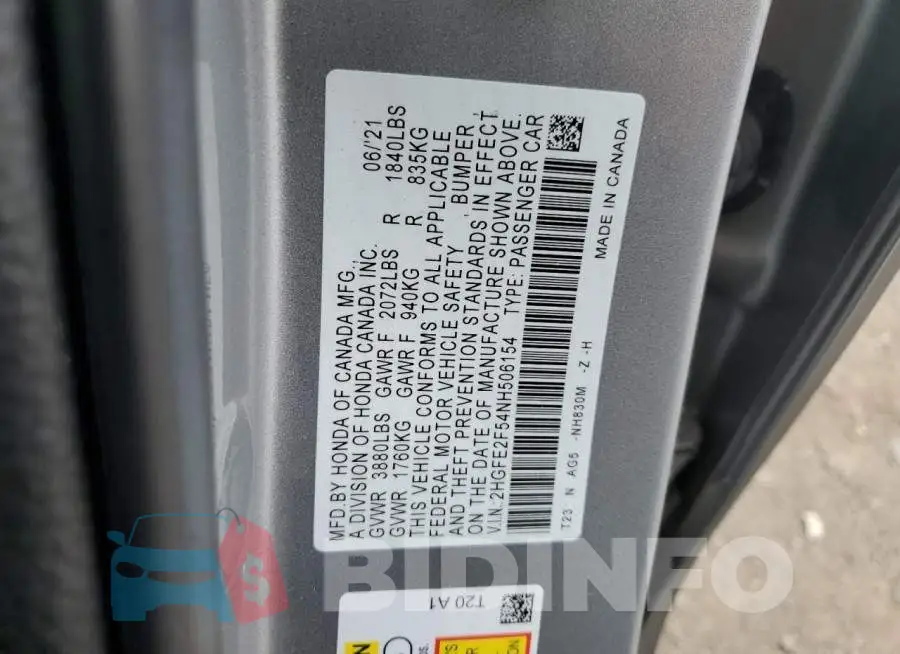 2HGFE2F54NH506154 Photo# 12