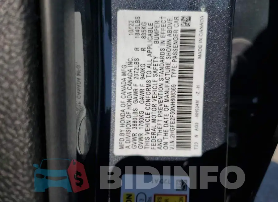 2HGFE2F59NH608369 Photo# 13