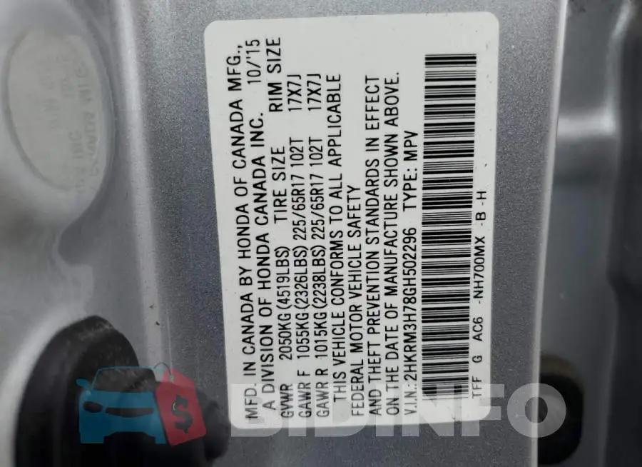 2HKRM3H78GH502296 Photo# 14