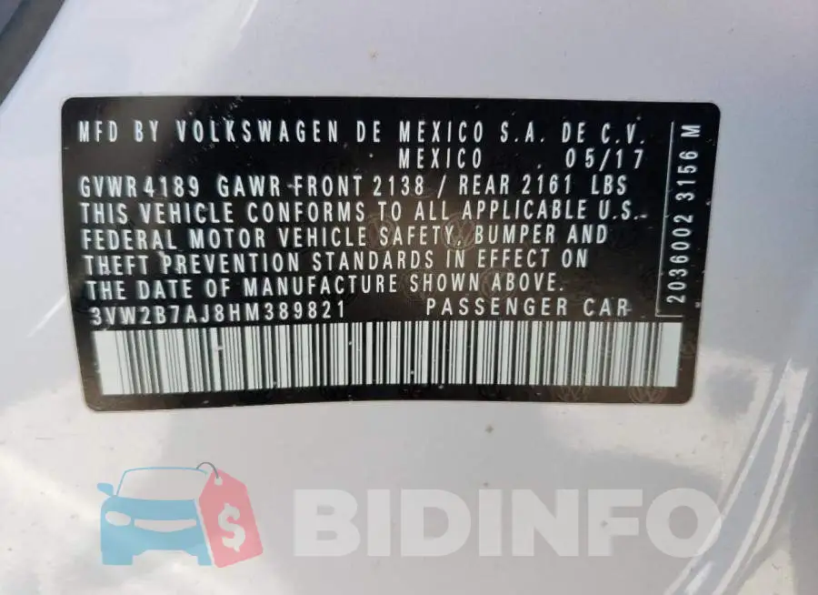 3VW2B7AJ8HM389821 Photo# 13