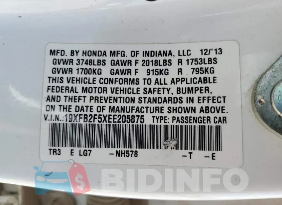 19XFB2F5XEE205875 Photo# 12
