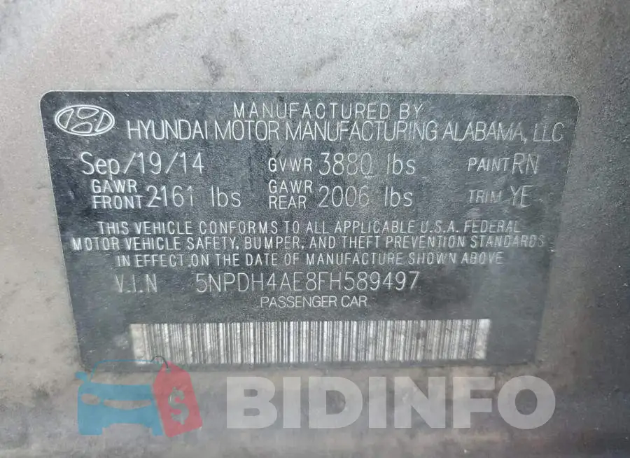 5NPDH4AE8FH589497 Photo# 12