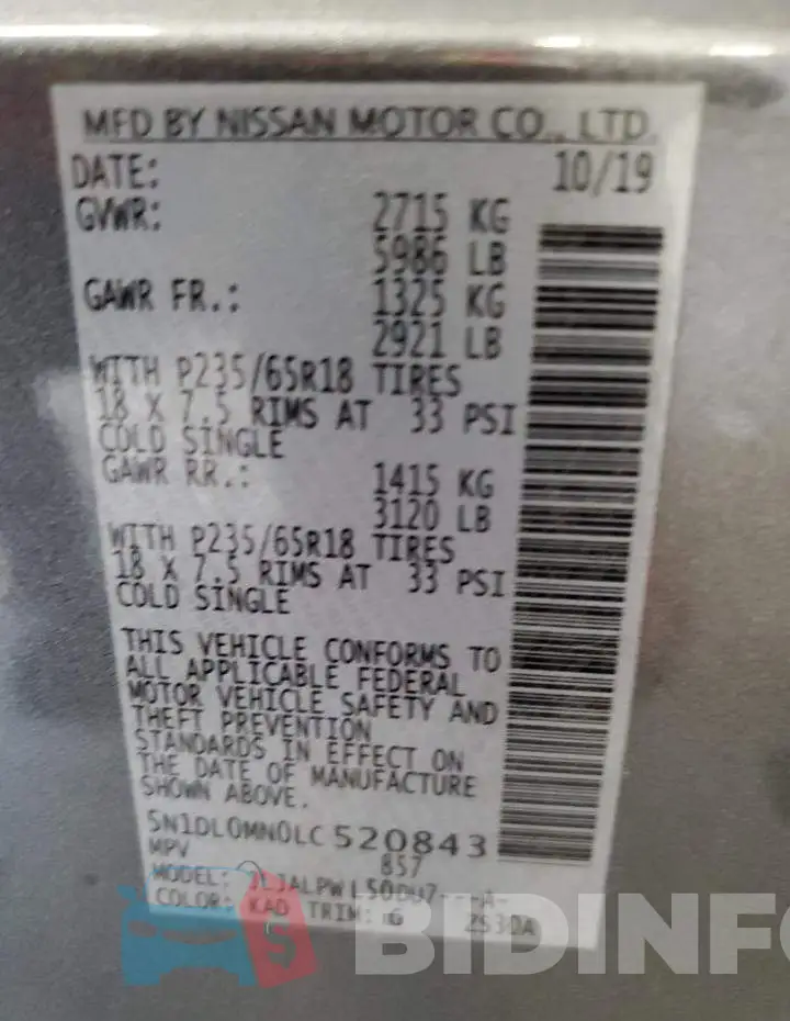 5N1DL0MN0LC520843 Photo# 14