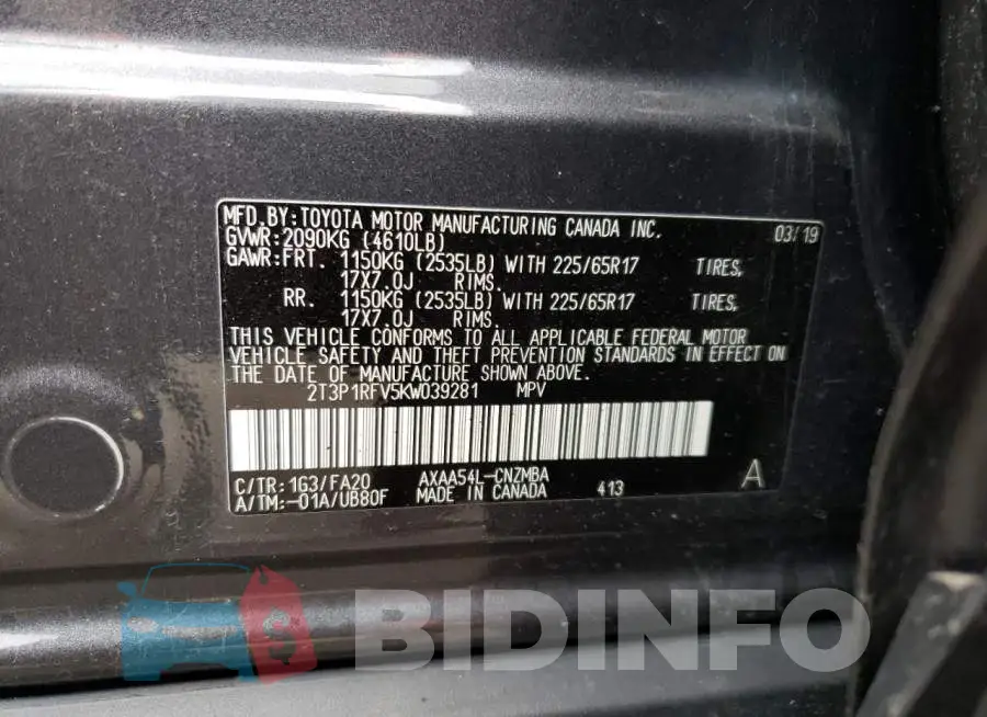 2T3P1RFV5KW039281 Photo# 13