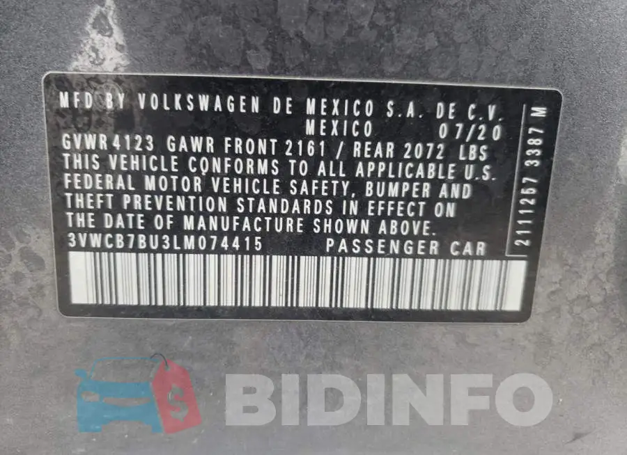 3VWCB7BU3LM074415 Photo# 12