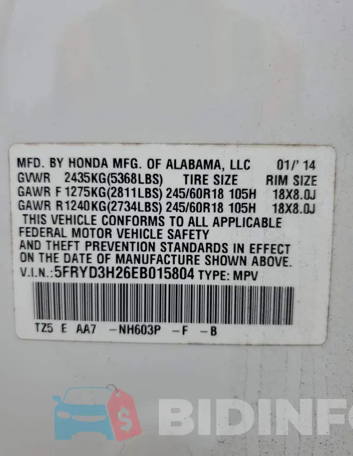 5FRYD3H26EB015804 Photo# 14