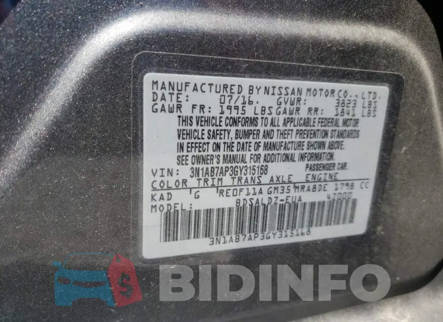 3N1AB7AP3GY315168 Photo# 12