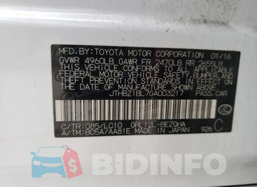 JTHBZ1BL7GA003217 Photo# 13