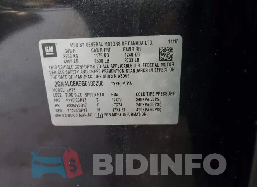 2GNALCEK5G6185288 Photo# 12