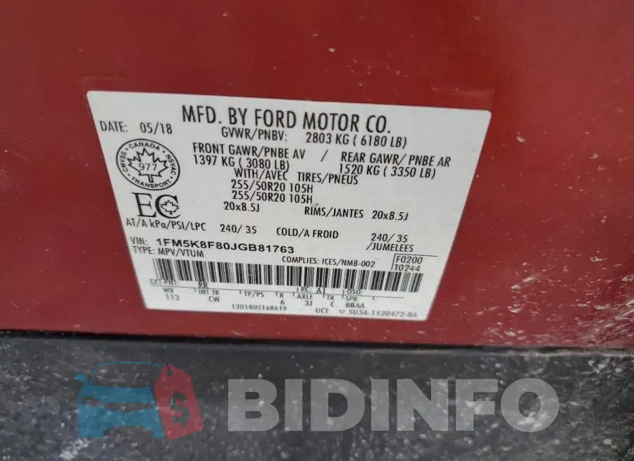 1FM5K8F80JGB81763 Photo# 12